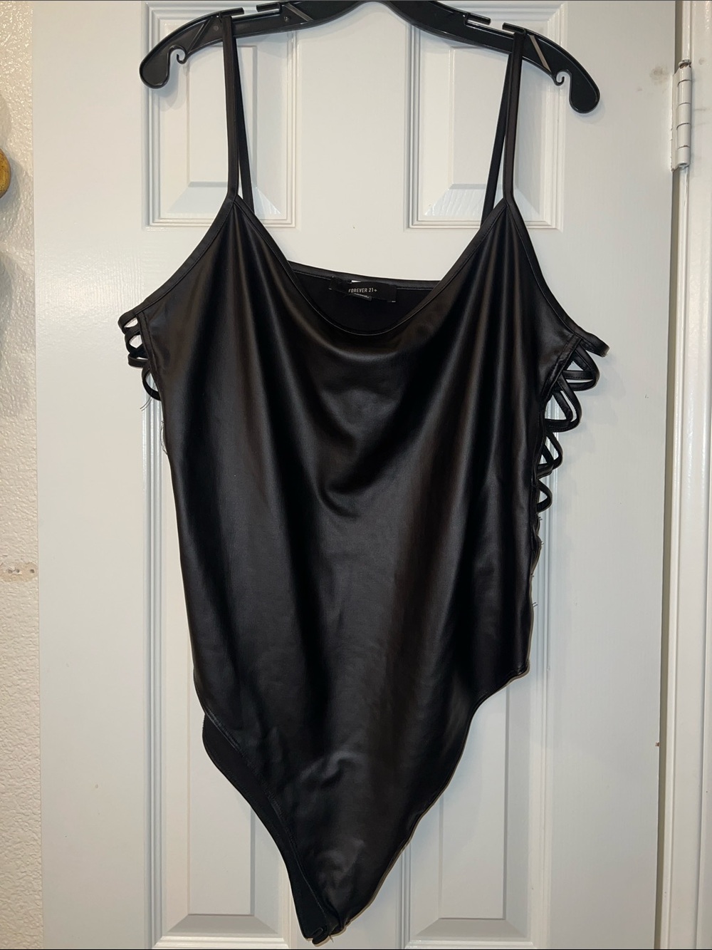 Forever 21 Black Faux Leather Bodysuit with side Crisscross Design 3X